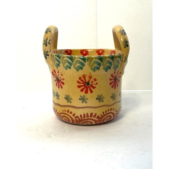 Vintage Handpainted Italian Ceramic Planter With Floral Design & Handles - Picture 3 of 6